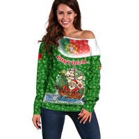Portugal Christmas Off Shoulder Sweater with Green Red Santa Ship Tree and Coat of Arms - Wonder Print Shop