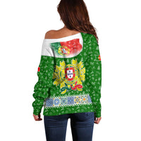Portugal Christmas Off Shoulder Sweater with Green Red Santa Ship Tree and Coat of Arms - Wonder Print Shop