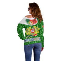 Portugal Christmas Off Shoulder Sweater with Green Red Santa Ship Tree and Coat of Arms - Wonder Print Shop