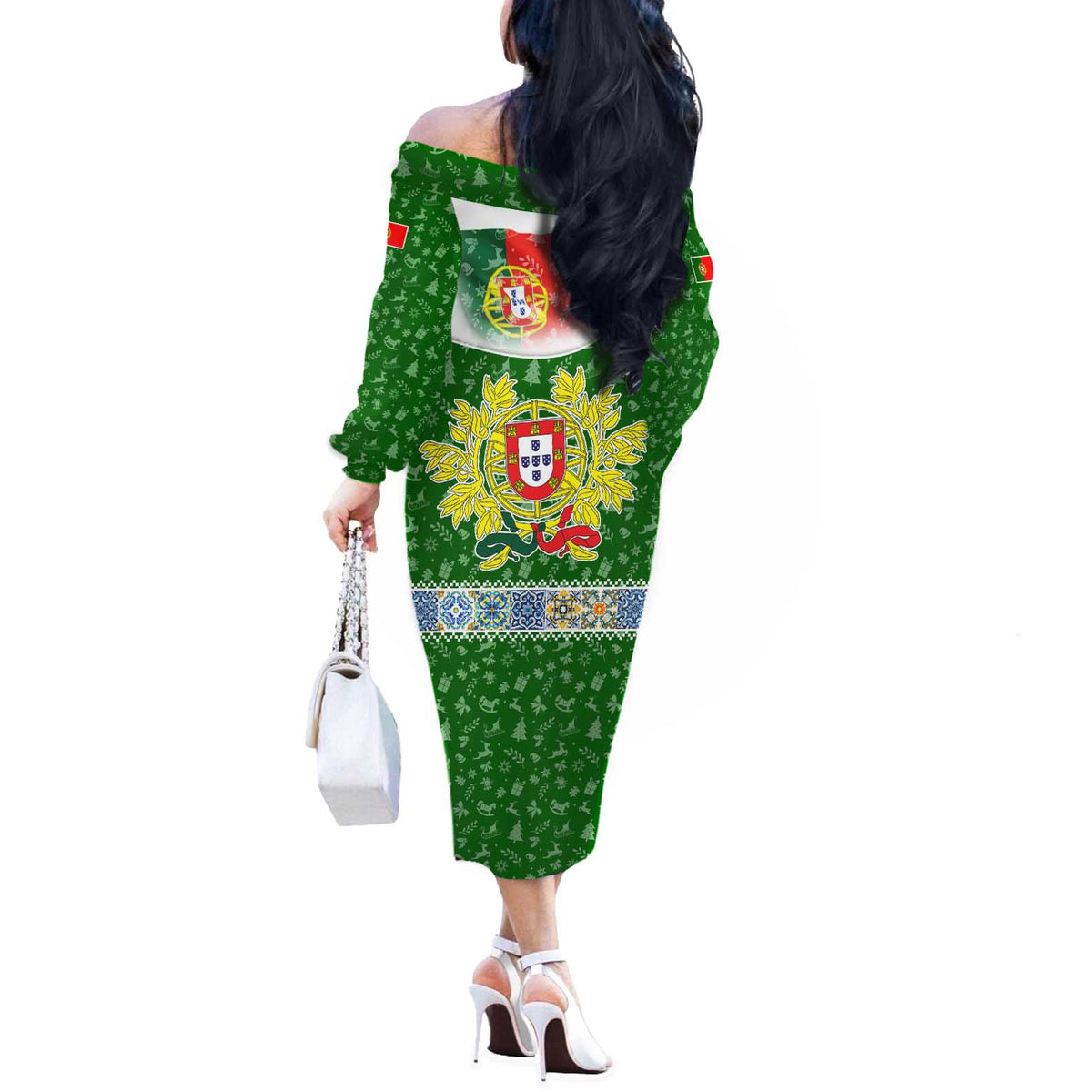 Portugal Christmas Off The Shoulder Long Sleeve Dress with Green Red Santa Ship Tree and Coat of Arms - Wonder Print Shop