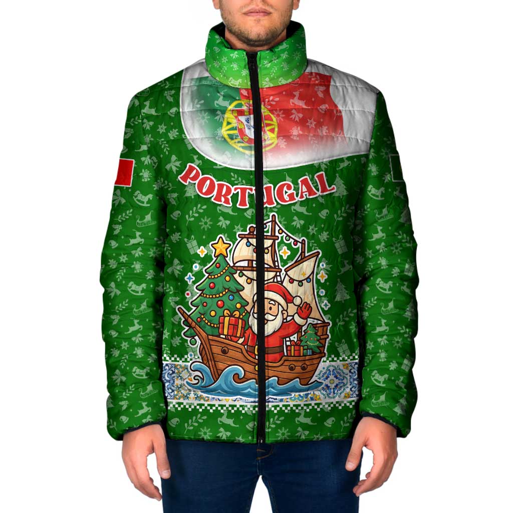 Portugal Christmas Padded Jacket with Green Red Santa Ship Tree and Coat of Arms - Wonder Print Shop