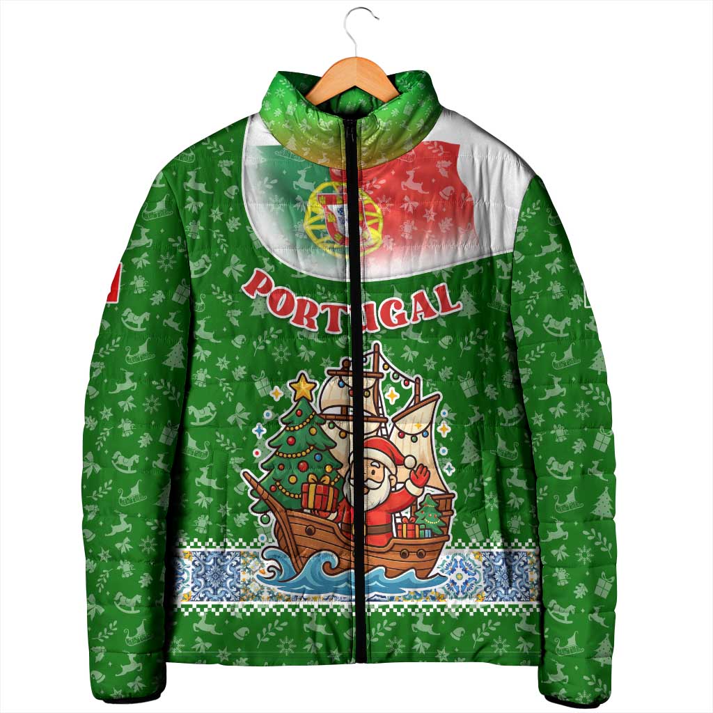 Portugal Christmas Padded Jacket with Green Red Santa Ship Tree and Coat of Arms - Wonder Print Shop