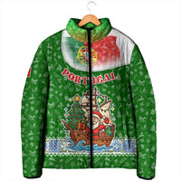 Portugal Christmas Padded Jacket with Green Red Santa Ship Tree and Coat of Arms - Wonder Print Shop