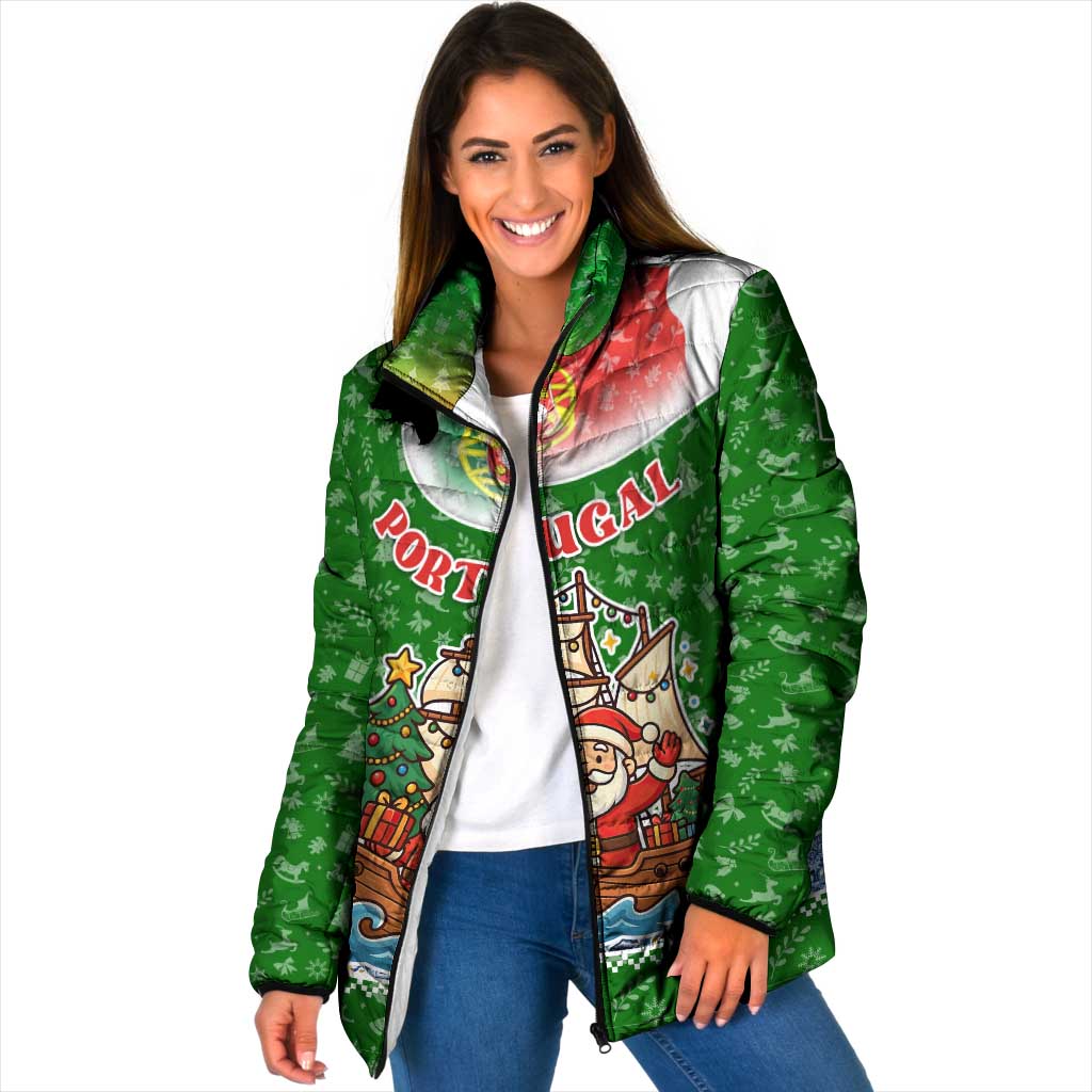 Portugal Christmas Padded Jacket with Green Red Santa Ship Tree and Coat of Arms - Wonder Print Shop