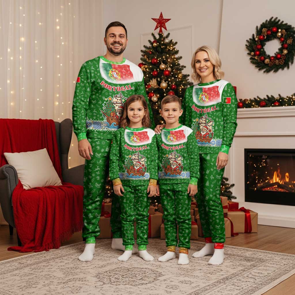 Portugal Christmas Pajama Set with Green Red Santa Ship Tree and Coat of Arms - Wonder Print Shop