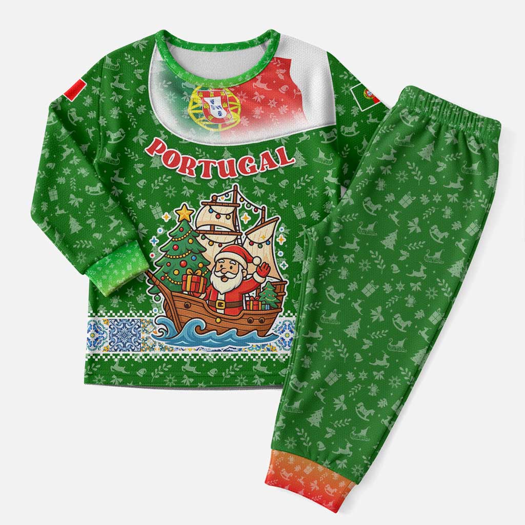 Portugal Christmas Pajama Set with Green Red Santa Ship Tree and Coat of Arms - Wonder Print Shop