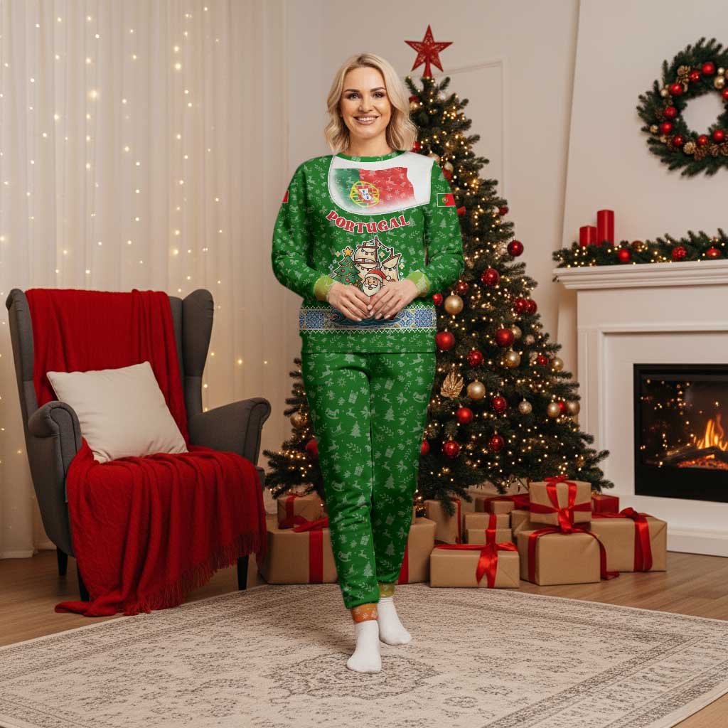 Portugal Christmas Pajama Set with Green Red Santa Ship Tree and Coat of Arms - Wonder Print Shop