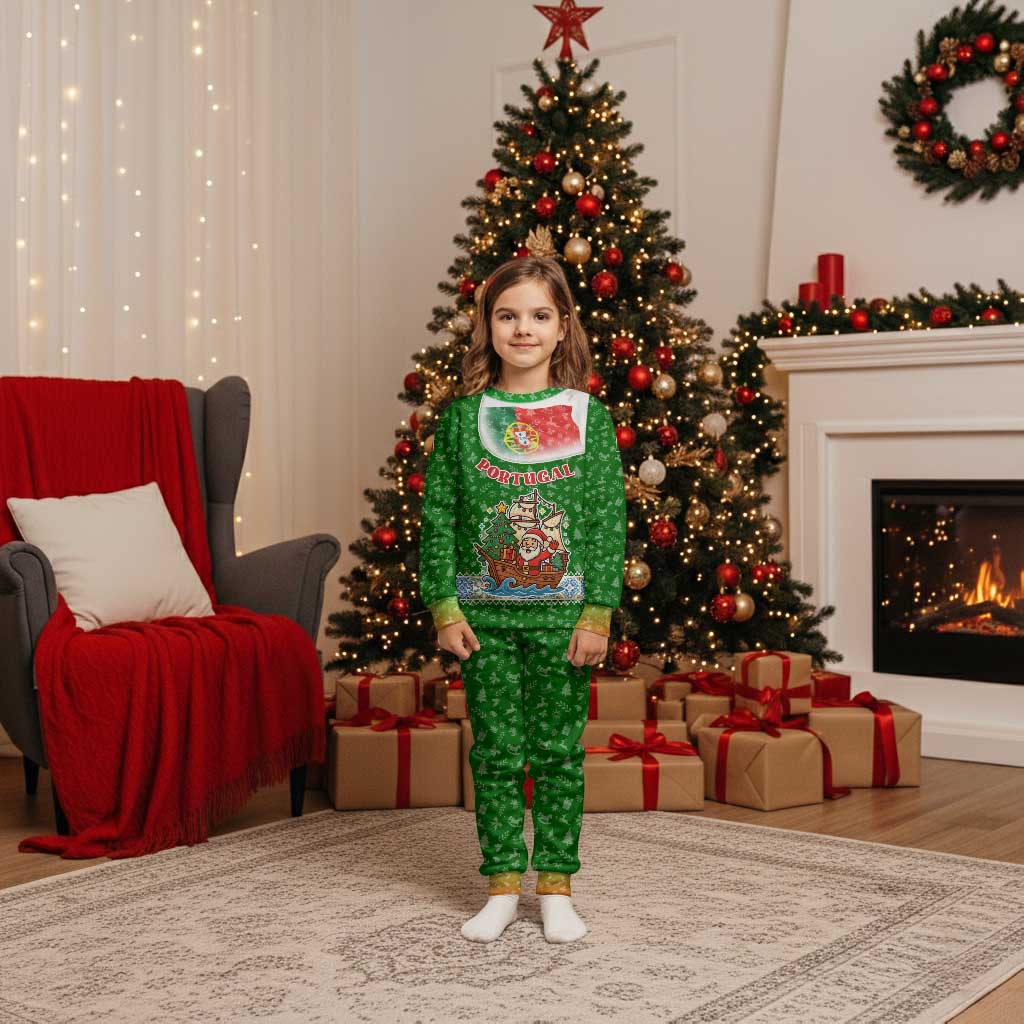 Portugal Christmas Pajama Set with Green Red Santa Ship Tree and Coat of Arms - Wonder Print Shop