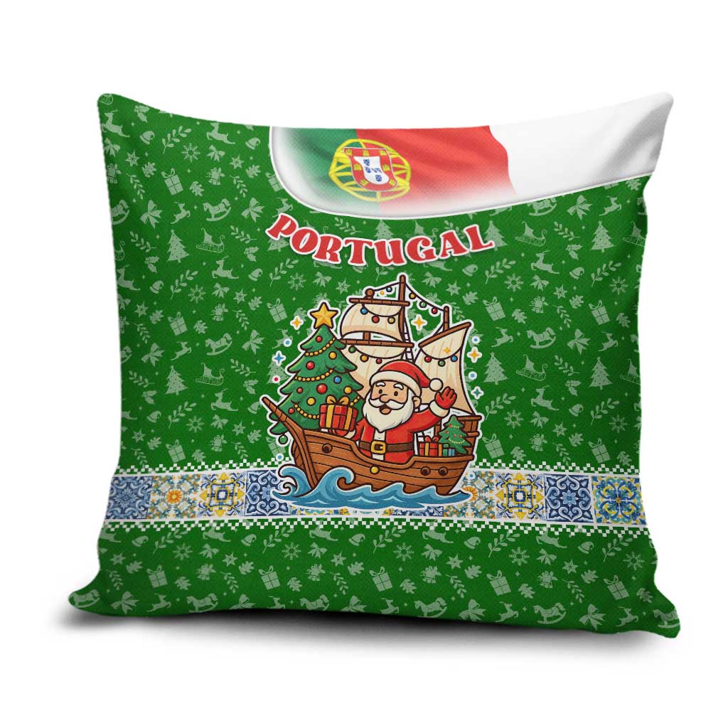 Portugal Christmas Pillow Cover with Green Red Santa Ship Tree and Coat of Arms - Wonder Print Shop