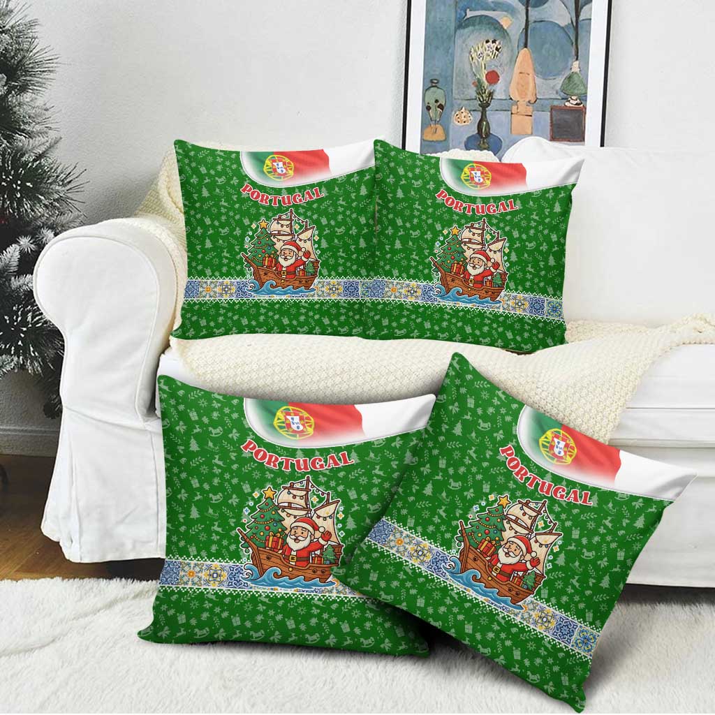 Portugal Christmas Pillow Cover with Green Red Santa Ship Tree and Coat of Arms - Wonder Print Shop