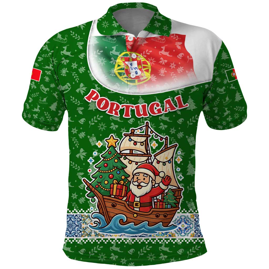 Portugal Christmas Polo Shirt with Green Red Santa Ship Tree and Coat of Arms - Wonder Print Shop