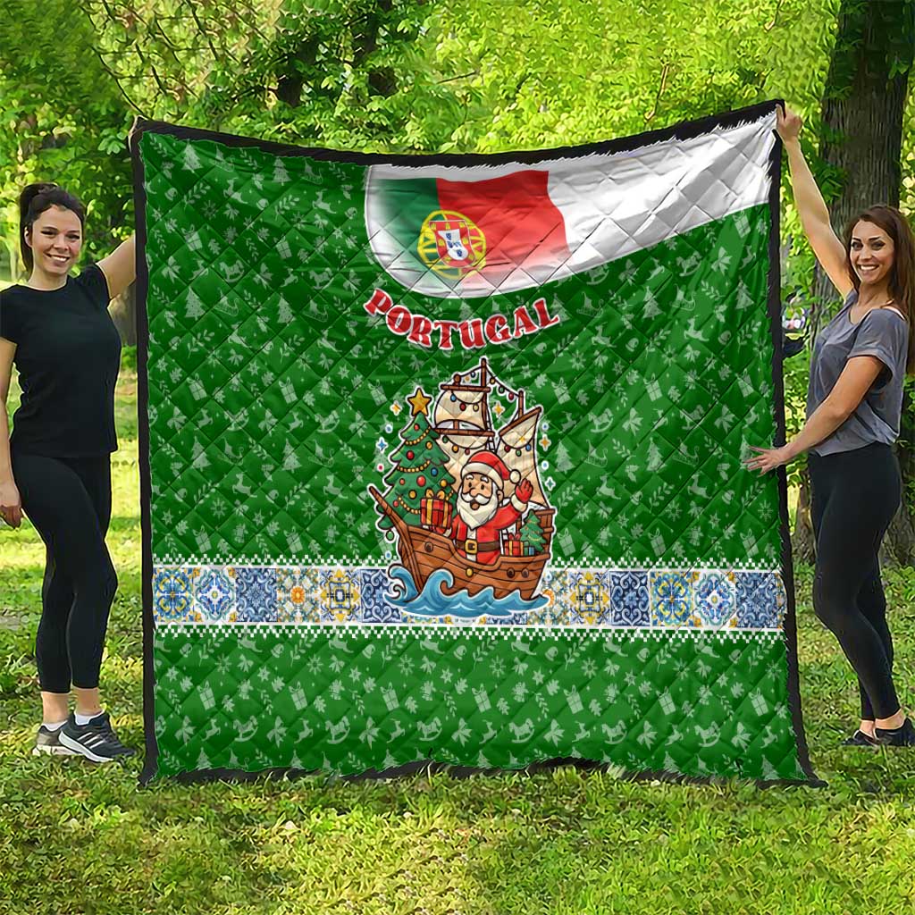 Portugal Christmas Quilt with Green Red Santa Ship Tree and Coat of Arms - Wonder Print Shop