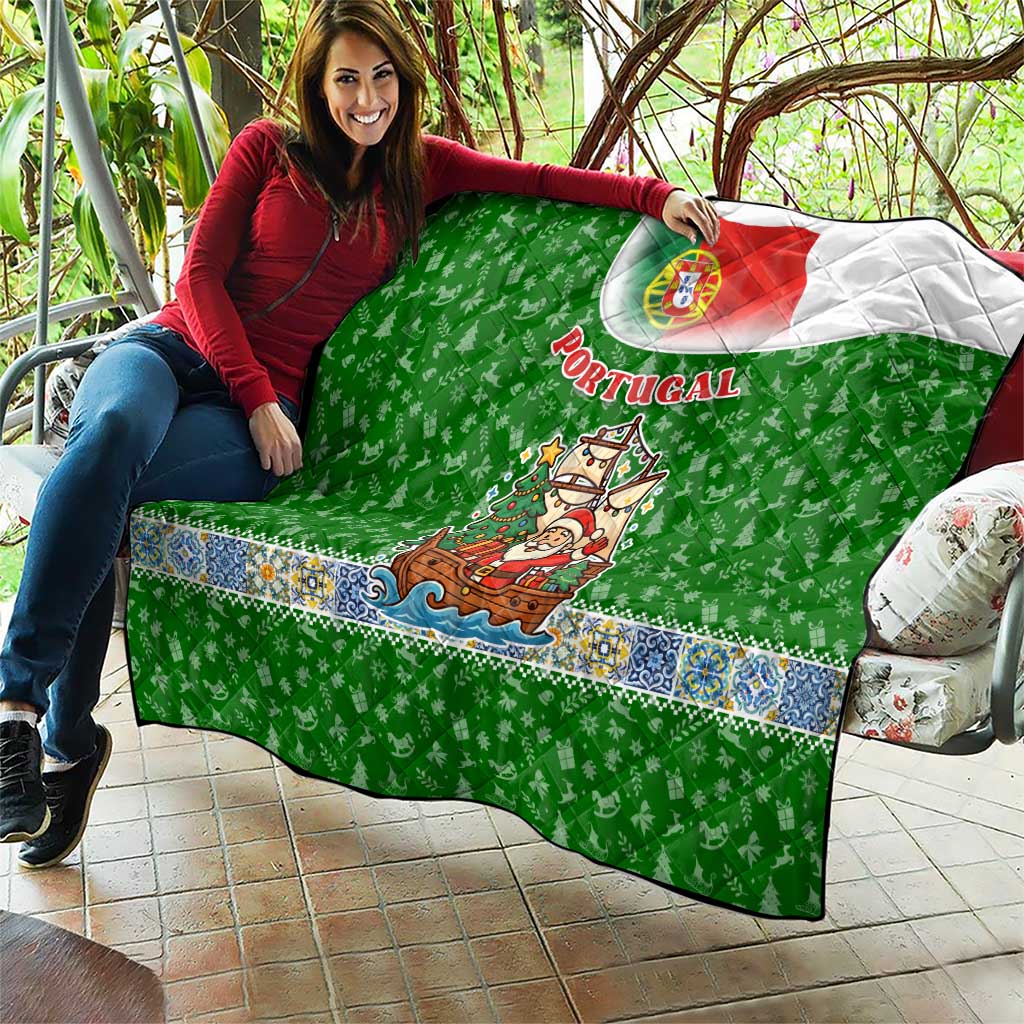 Portugal Christmas Quilt with Green Red Santa Ship Tree and Coat of Arms - Wonder Print Shop