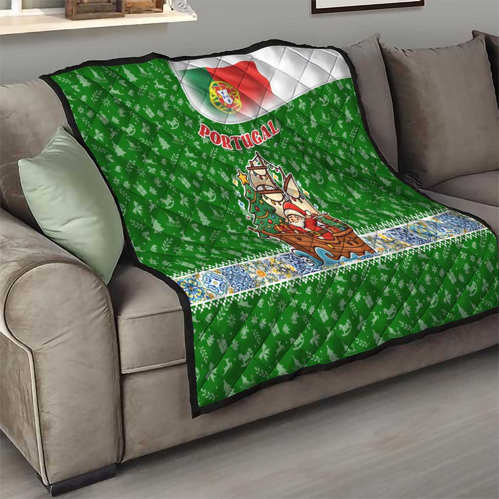 Portugal Christmas Quilt with Green Red Santa Ship Tree and Coat of Arms - Wonder Print Shop