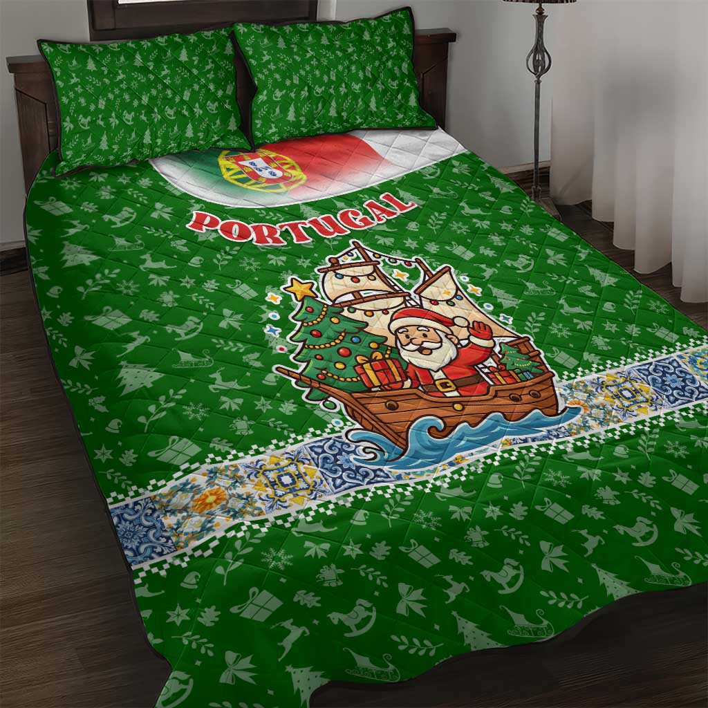 Portugal Christmas Quilt Bed Set with Green Red Santa Ship Tree and Coat of Arms - Wonder Print Shop