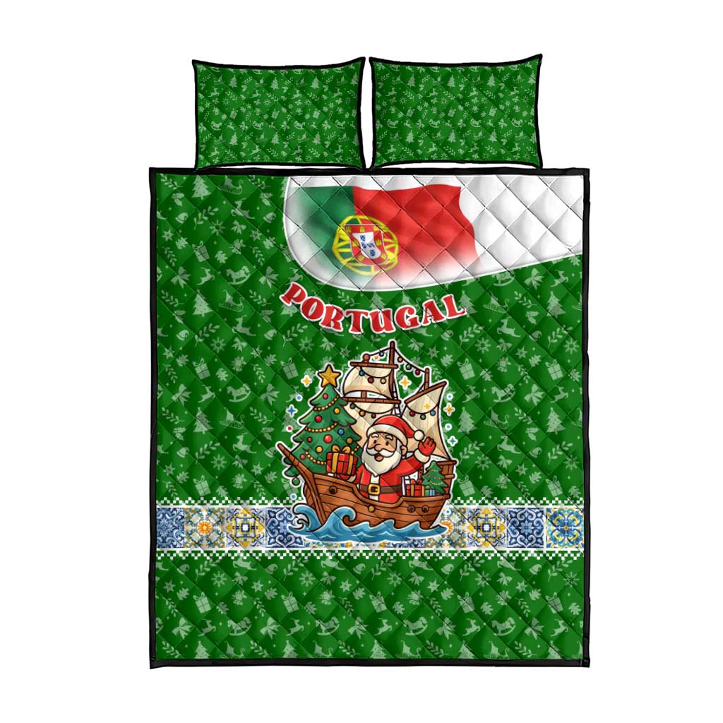 Portugal Christmas Quilt Bed Set with Green Red Santa Ship Tree and Coat of Arms - Wonder Print Shop