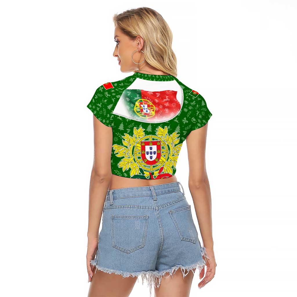 Portugal Christmas Raglan Cropped T Shirt with Green Red Santa Ship Tree and Coat of Arms - Wonder Print Shop