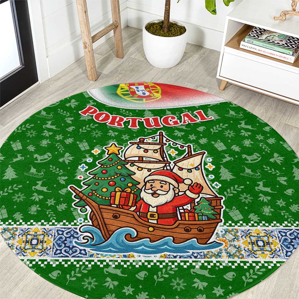 Portugal Christmas Round Carpet with Green Red Santa Ship Tree and Coat of Arms - Wonder Print Shop