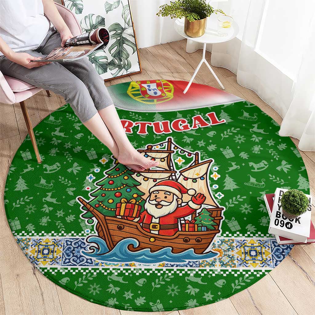 Portugal Christmas Round Carpet with Green Red Santa Ship Tree and Coat of Arms - Wonder Print Shop