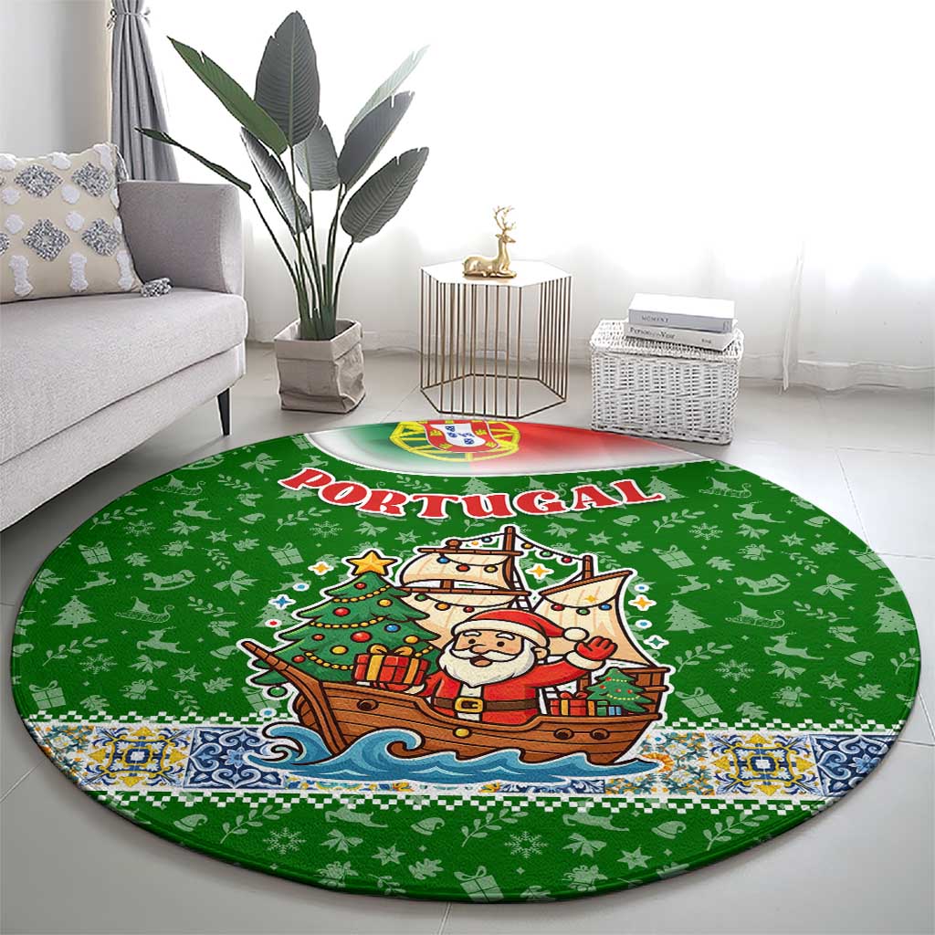 Portugal Christmas Round Carpet with Green Red Santa Ship Tree and Coat of Arms - Wonder Print Shop