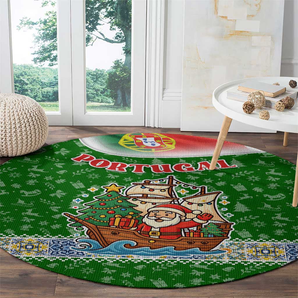 Portugal Christmas Round Carpet with Green Red Santa Ship Tree and Coat of Arms - Wonder Print Shop