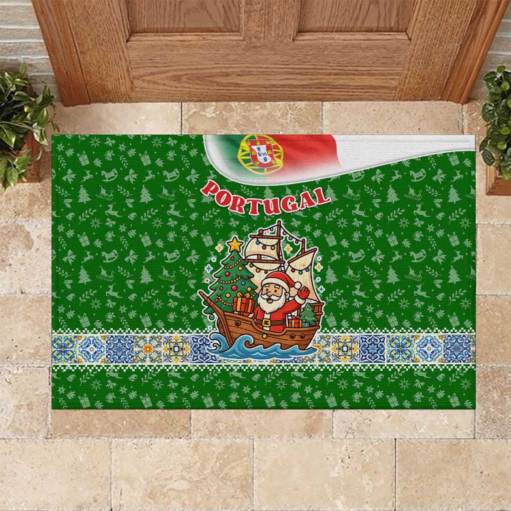 Portugal Christmas Rubber Doormat with Green Red Santa Ship Tree and Coat of Arms - Wonder Print Shop