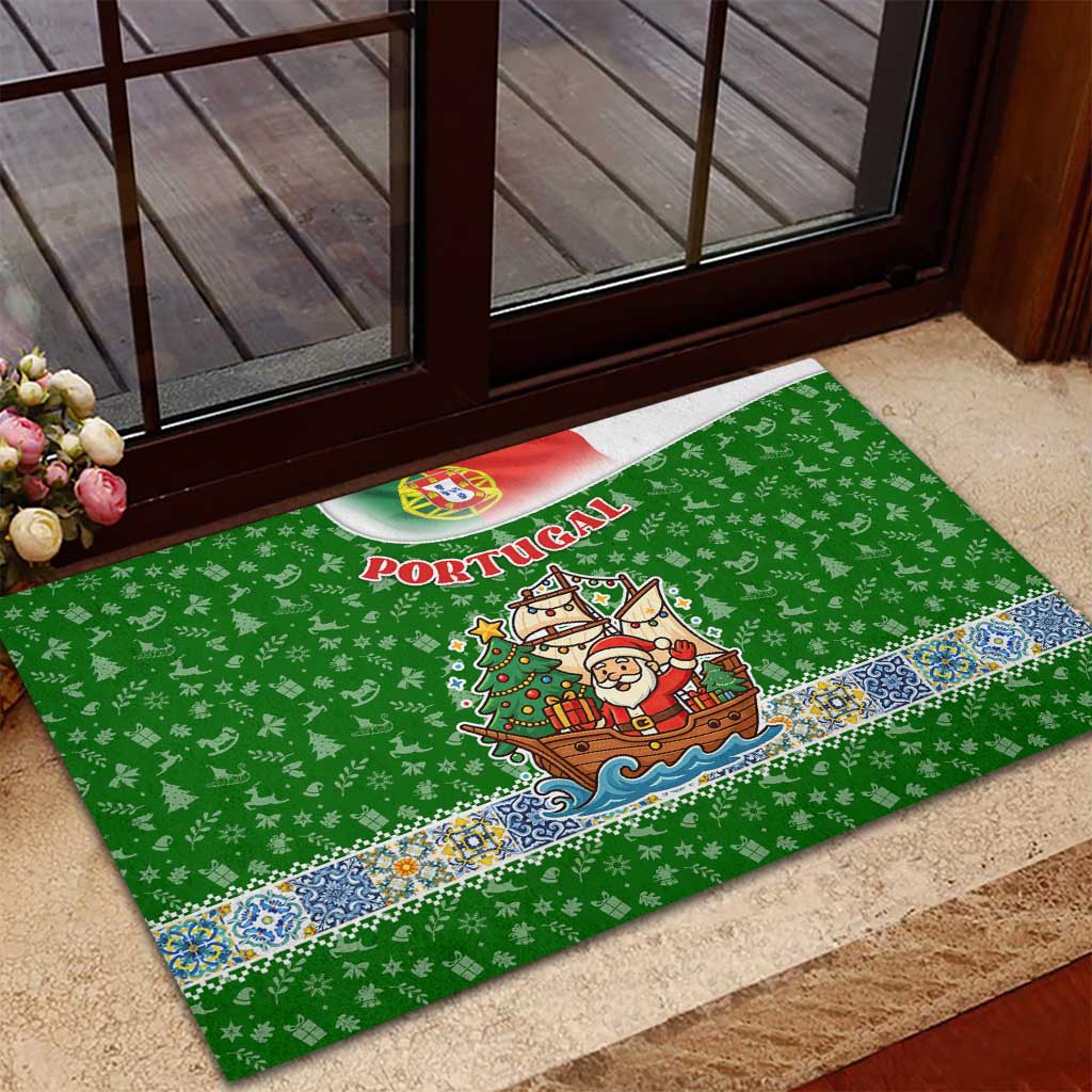 Portugal Christmas Rubber Doormat with Green Red Santa Ship Tree and Coat of Arms - Wonder Print Shop