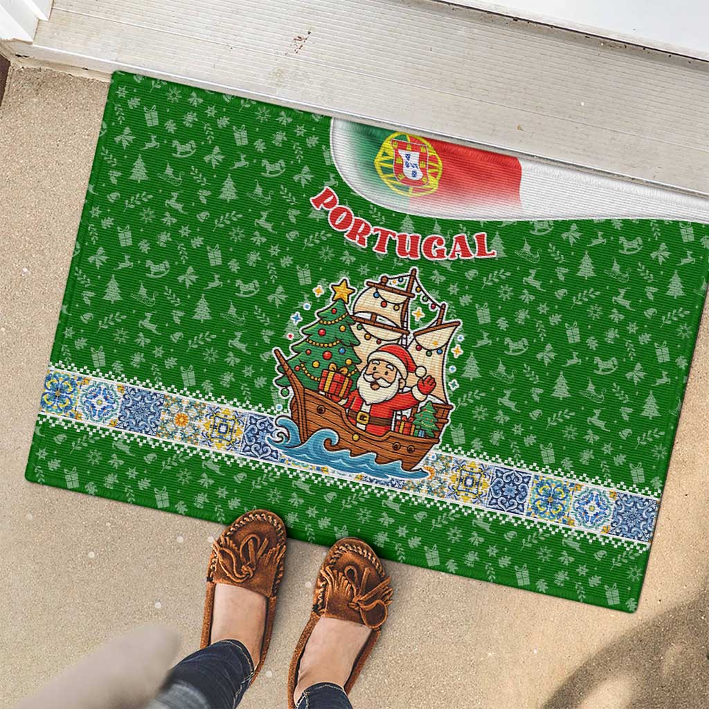Portugal Christmas Rubber Doormat with Green Red Santa Ship Tree and Coat of Arms - Wonder Print Shop