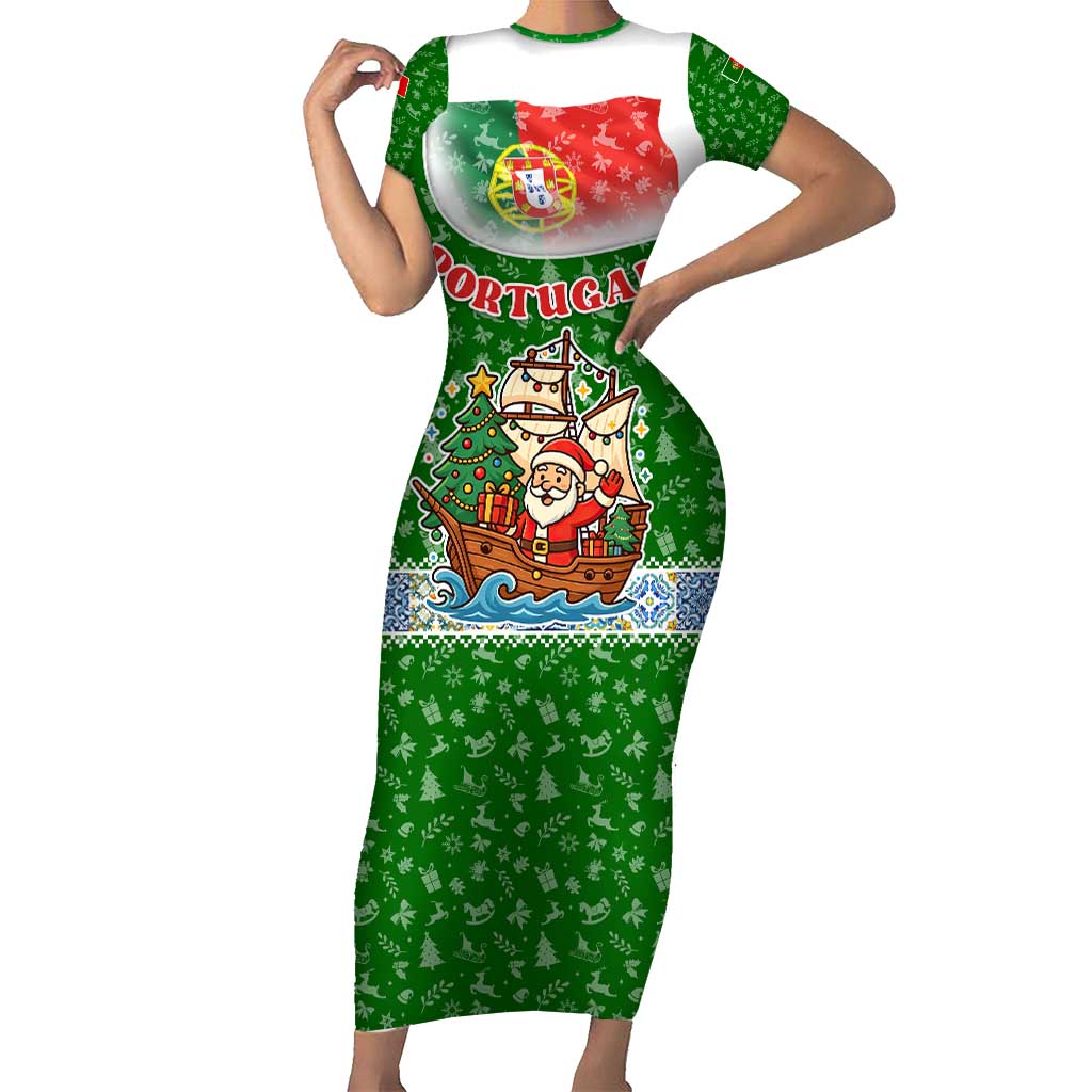 Portugal Christmas Short Sleeve Bodycon Dress with Green Red Santa Ship Tree and Coat of Arms - Wonder Print Shop