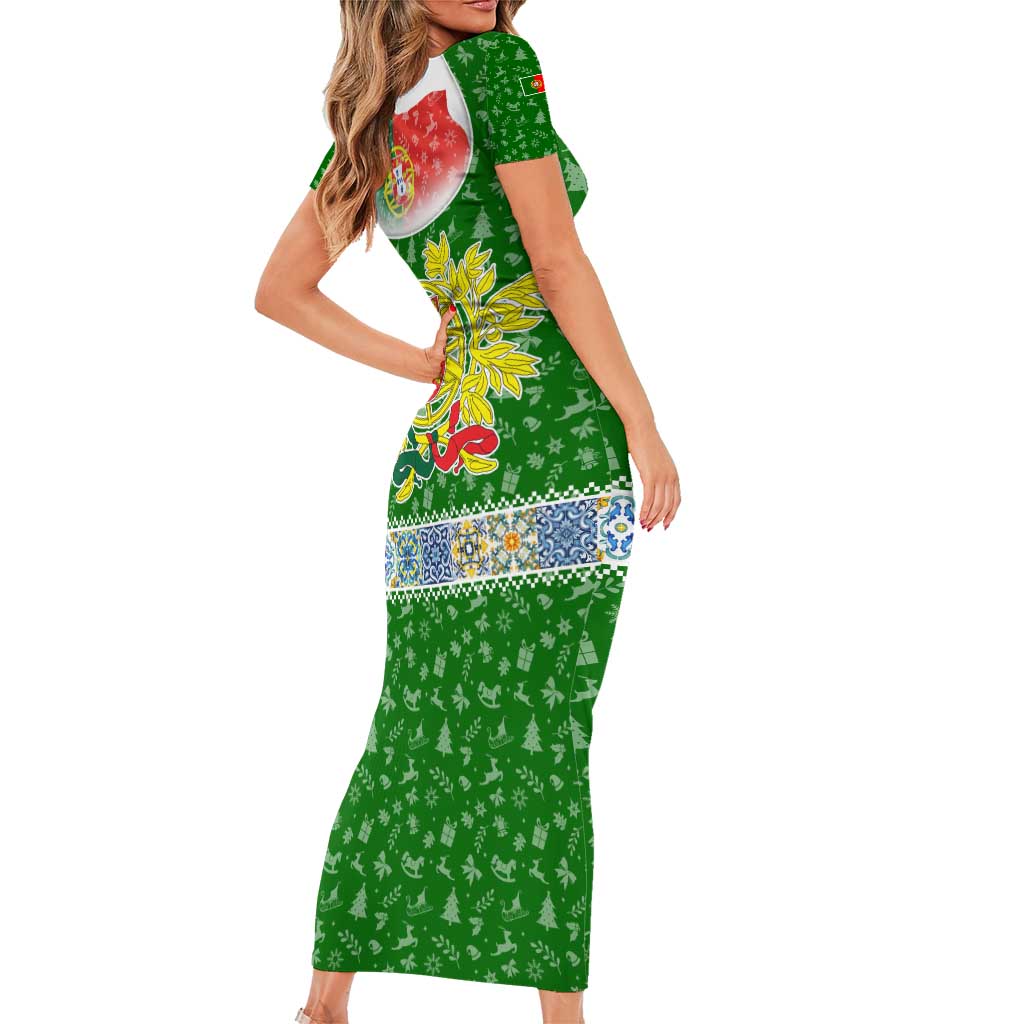Portugal Christmas Short Sleeve Bodycon Dress with Green Red Santa Ship Tree and Coat of Arms - Wonder Print Shop