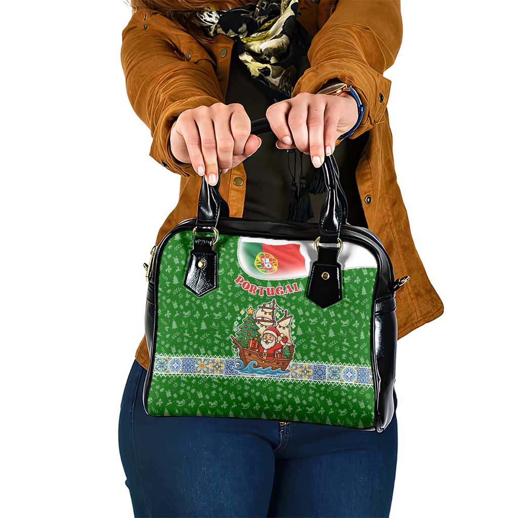 Portugal Christmas Shoulder Handbag with Green Red Santa Ship Tree and Coat of Arms - Wonder Print Shop