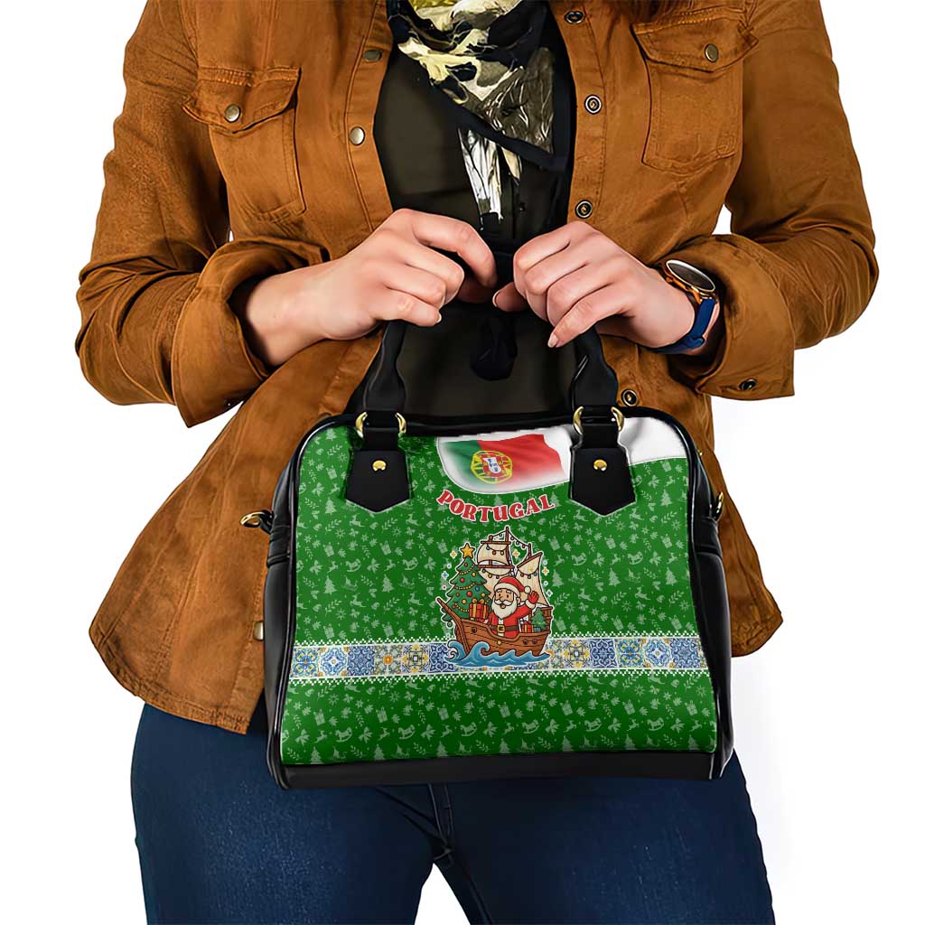 Portugal Christmas Shoulder Handbag with Green Red Santa Ship Tree and Coat of Arms - Wonder Print Shop