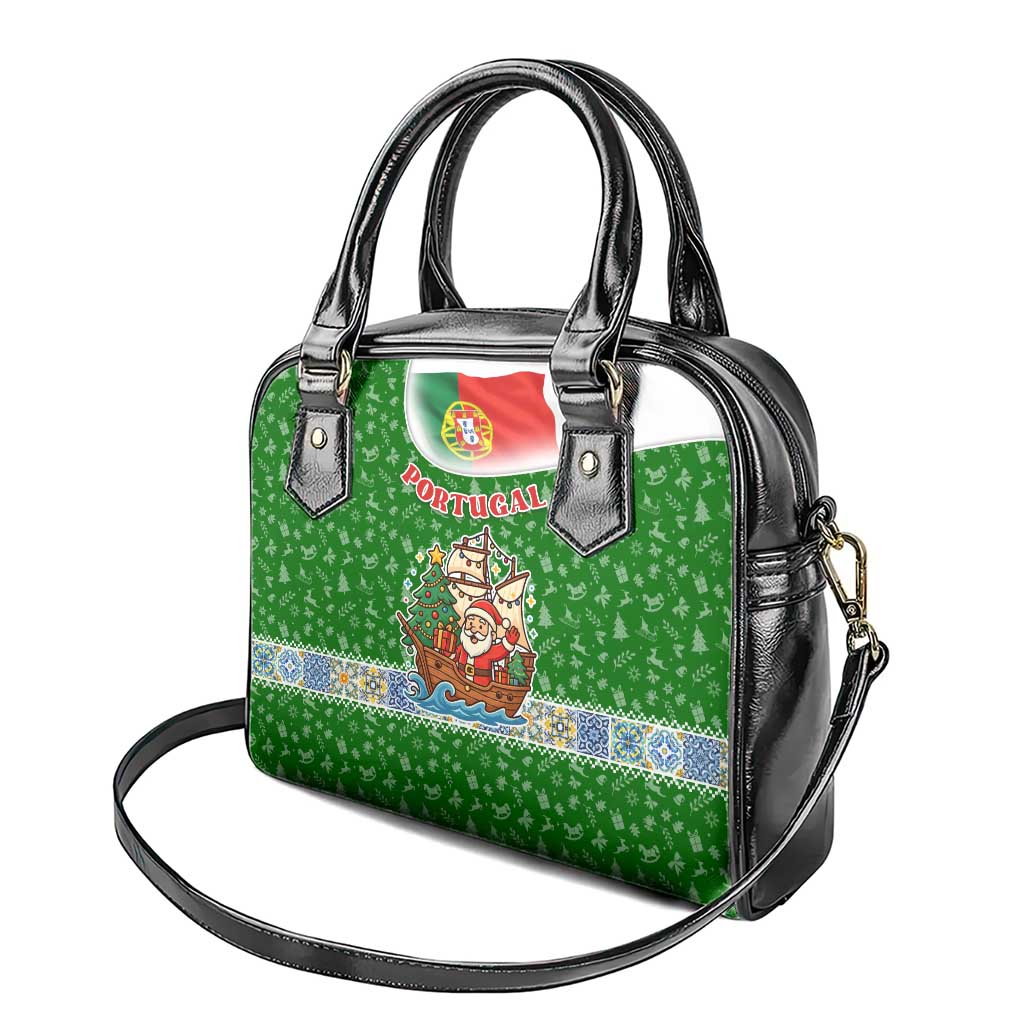Portugal Christmas Shoulder Handbag with Green Red Santa Ship Tree and Coat of Arms - Wonder Print Shop