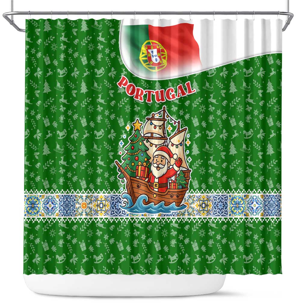 Portugal Christmas Shower Curtain with Green Red Santa Ship Tree and Coat of Arms - Wonder Print Shop