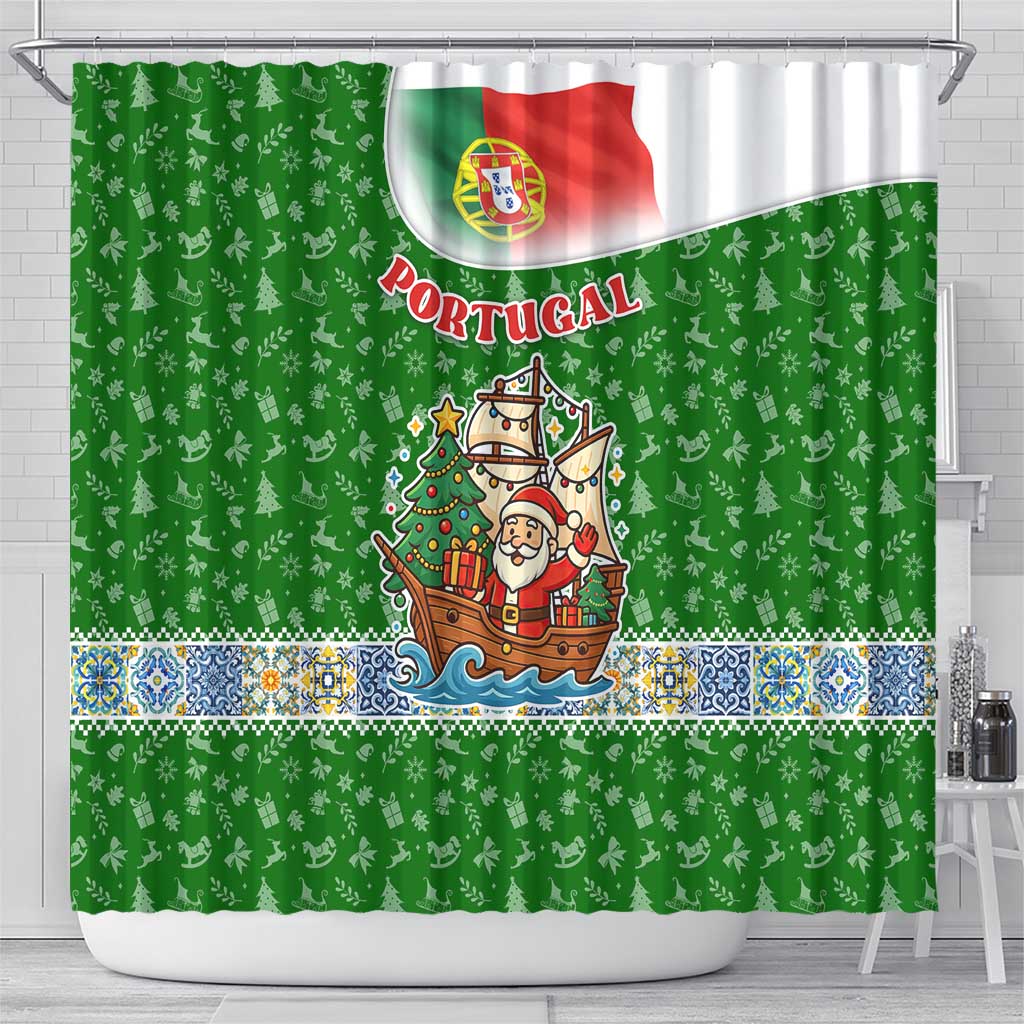 Portugal Christmas Shower Curtain with Green Red Santa Ship Tree and Coat of Arms - Wonder Print Shop