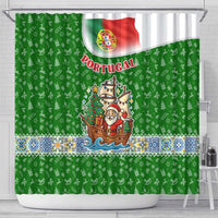 Portugal Christmas Shower Curtain with Green Red Santa Ship Tree and Coat of Arms - Wonder Print Shop