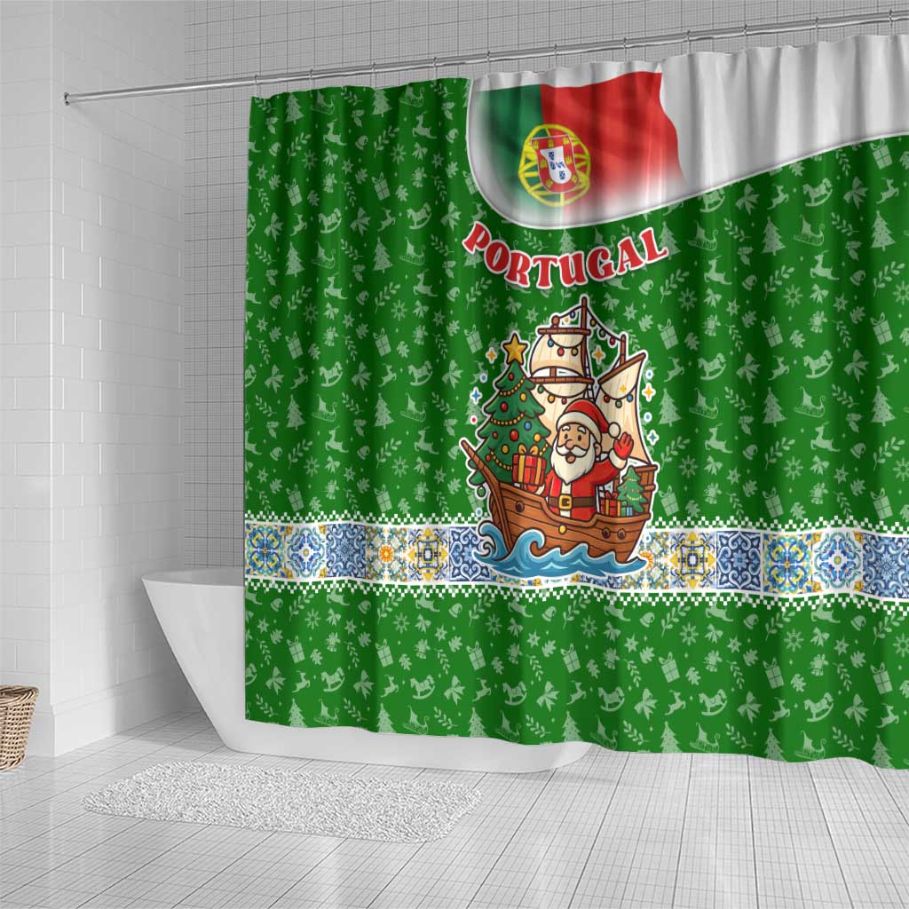 Portugal Christmas Shower Curtain with Green Red Santa Ship Tree and Coat of Arms - Wonder Print Shop