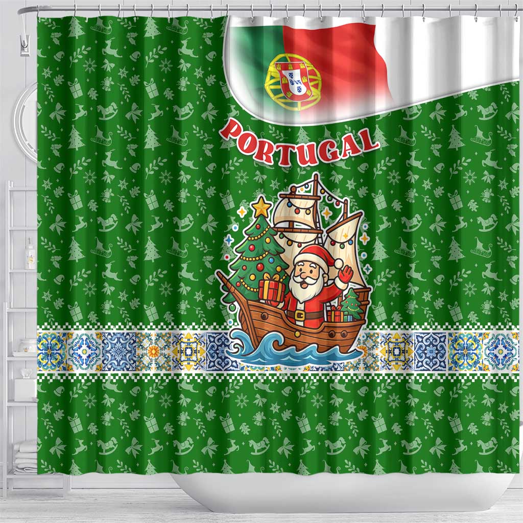 Portugal Christmas Shower Curtain with Green Red Santa Ship Tree and Coat of Arms - Wonder Print Shop