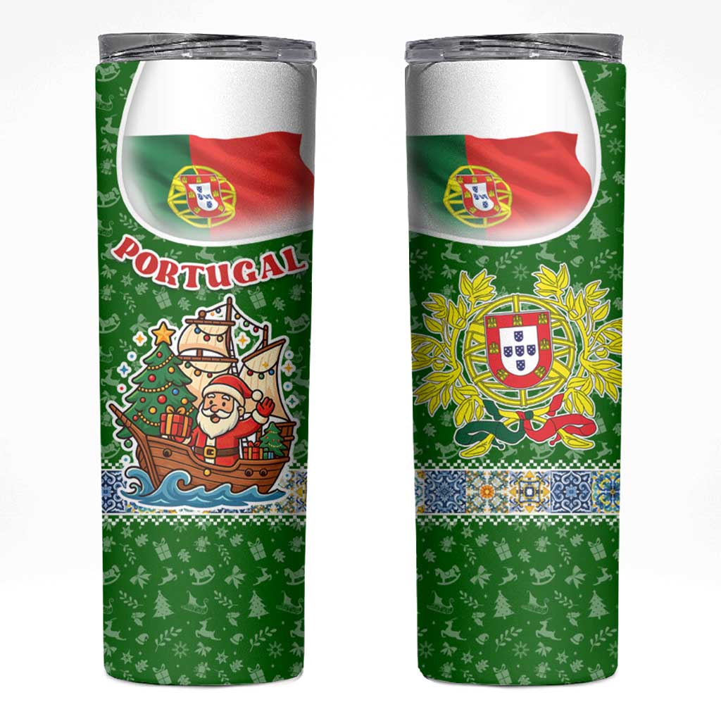 Portugal Christmas Skinny Tumbler with Green Red Santa Ship Tree and Coat of Arms - Wonder Print Shop