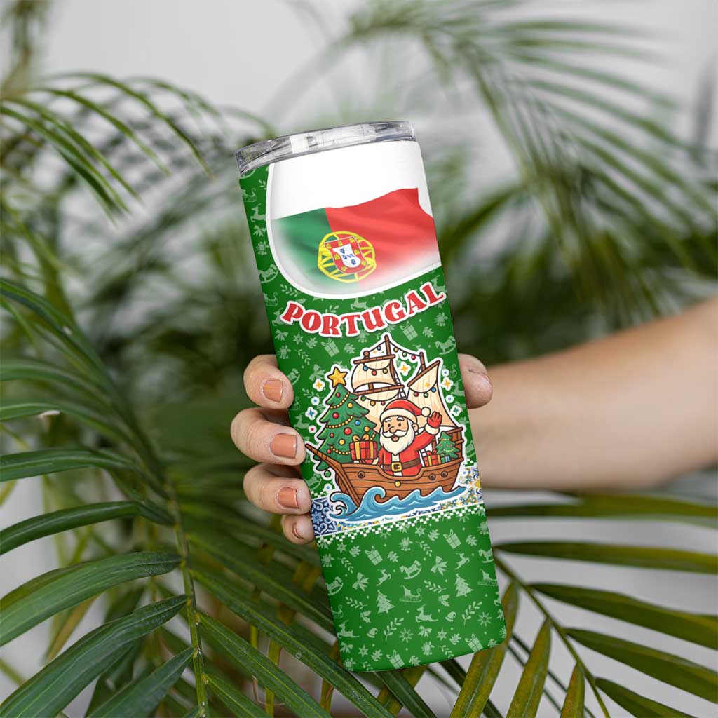 Portugal Christmas Skinny Tumbler with Green Red Santa Ship Tree and Coat of Arms - Wonder Print Shop