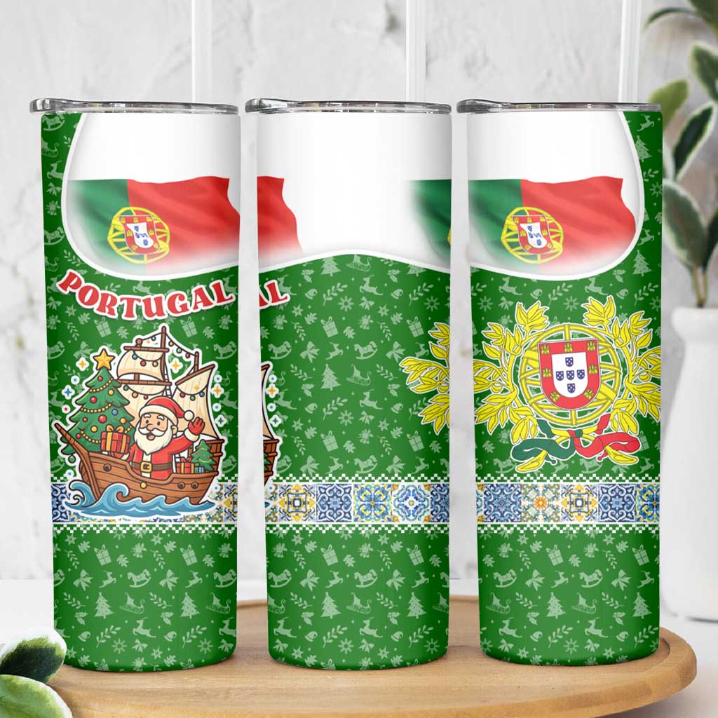 Portugal Christmas Skinny Tumbler with Green Red Santa Ship Tree and Coat of Arms - Wonder Print Shop