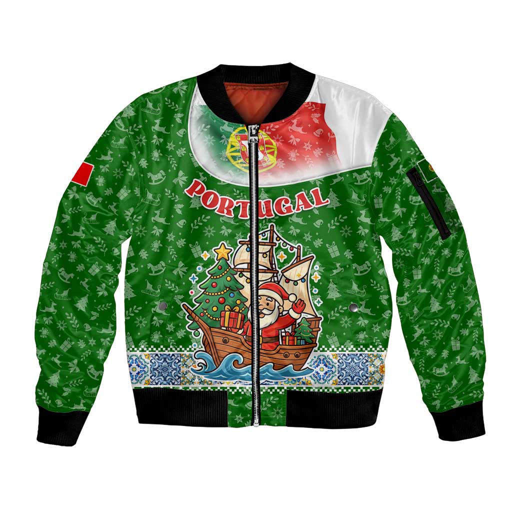 Portugal Christmas Sleeve Zip Bomber Jacket with Green Red Santa Ship Tree and Coat of Arms - Wonder Print Shop