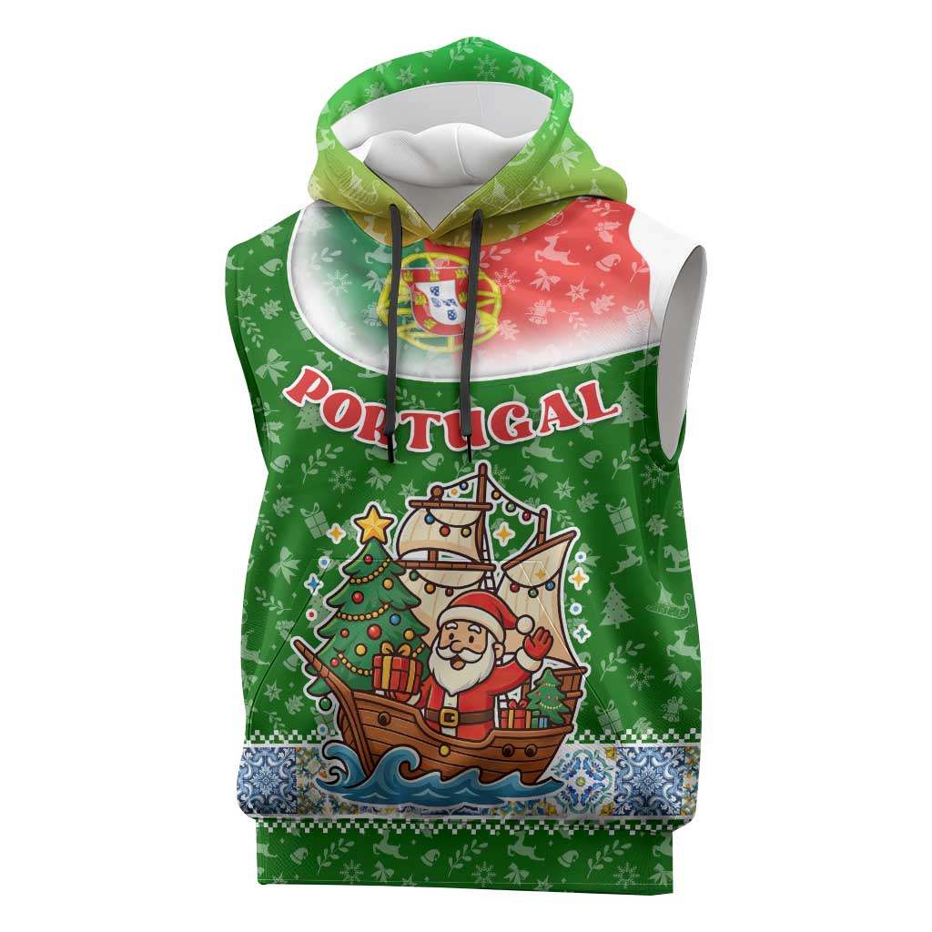 Portugal Christmas Sleeveless Hoodie with Green Red Santa Ship Tree and Coat of Arms - Wonder Print Shop