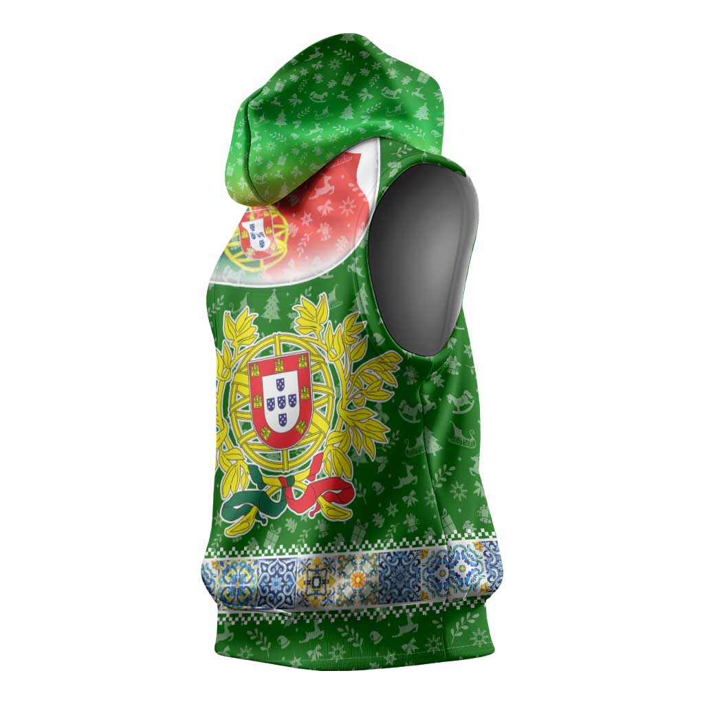 Portugal Christmas Sleeveless Hoodie with Green Red Santa Ship Tree and Coat of Arms - Wonder Print Shop