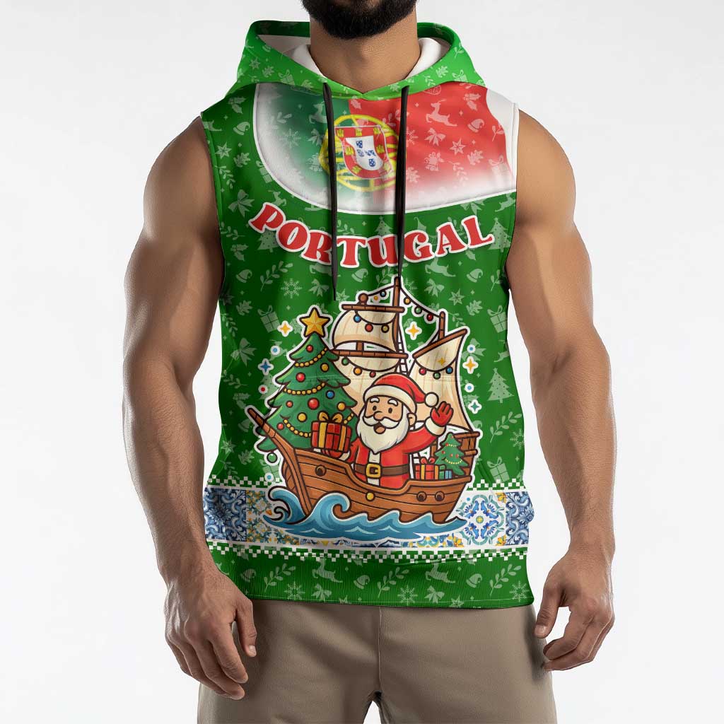 Portugal Christmas Sleeveless Hoodie with Green Red Santa Ship Tree and Coat of Arms - Wonder Print Shop