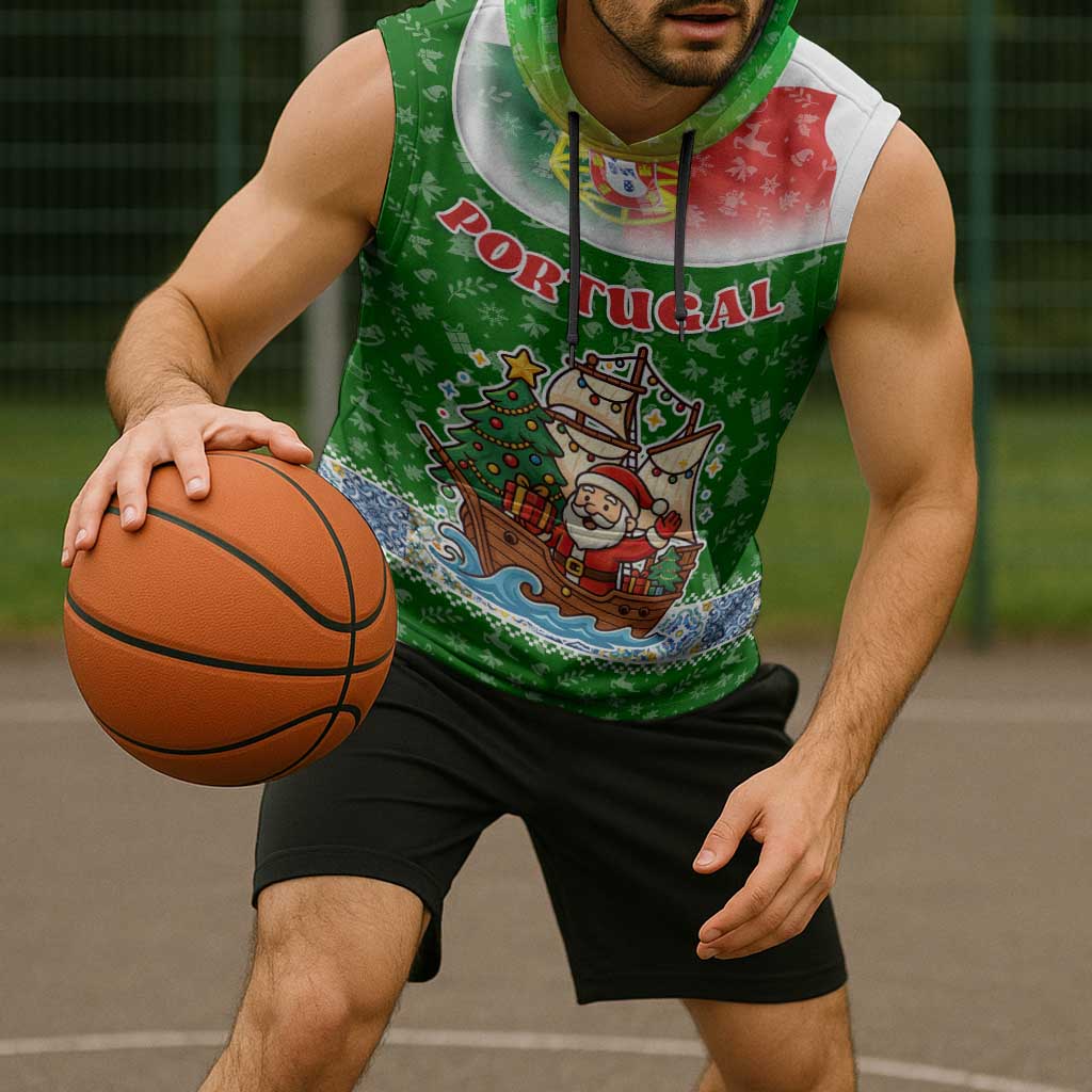 Portugal Christmas Sleeveless Hoodie with Green Red Santa Ship Tree and Coat of Arms - Wonder Print Shop