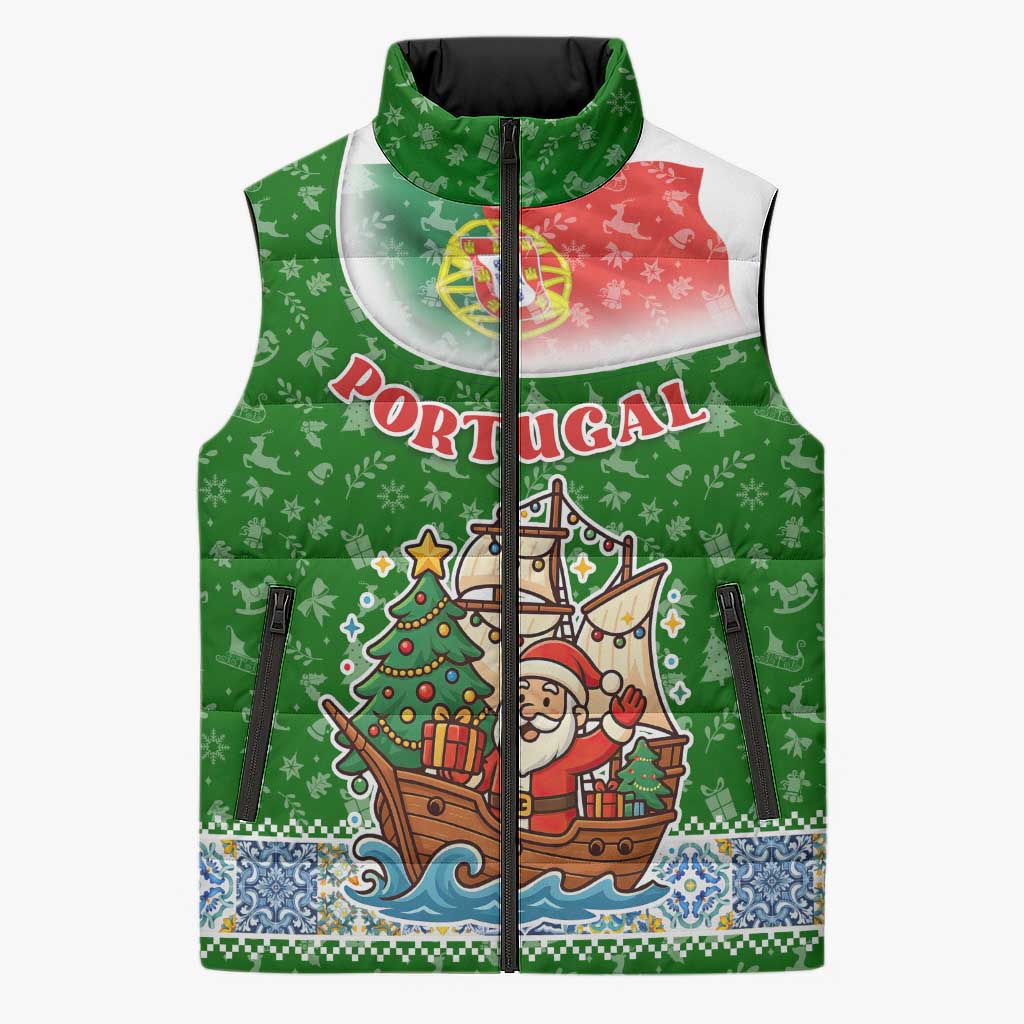 Portugal Christmas Sleeveless Puffer Jacket with Green Red Santa Ship Tree and Coat of Arms - Wonder Print Shop