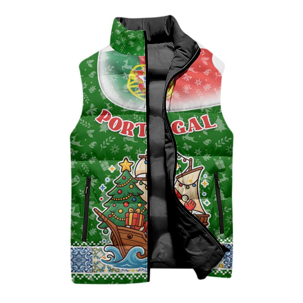 Portugal Christmas Sleeveless Puffer Jacket with Green Red Santa Ship Tree and Coat of Arms - Wonder Print Shop