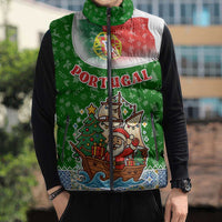 Portugal Christmas Sleeveless Puffer Jacket with Green Red Santa Ship Tree and Coat of Arms - Wonder Print Shop