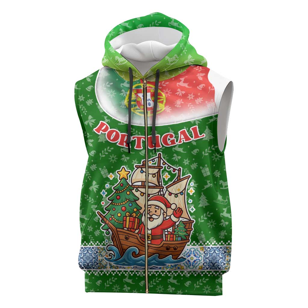 Portugal Christmas Sleeveless Zip Hoodie with Green Red Santa Ship Tree and Coat of Arms - Wonder Print Shop